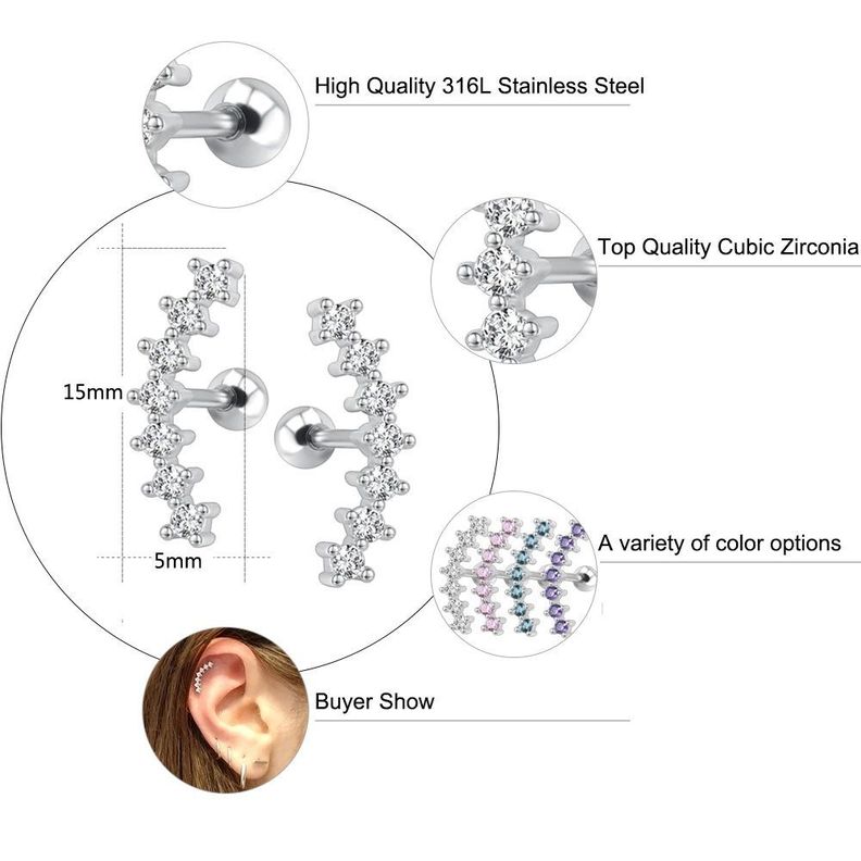 Pendientes Curvos Acero Quirurgico Piercing Helix Zirconio Celeste-6