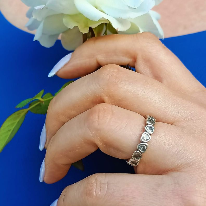 Anillo Pila Plata fina ley S925 talla 9 Corazones Zirconia Compromiso Apilable-5