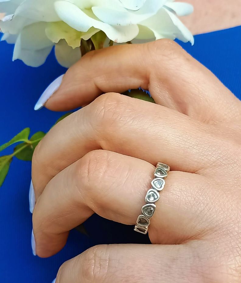 Anillo Pila Plata fina ley S925 Talla 6 Corazones Zirconia Compromiso Apilable-3