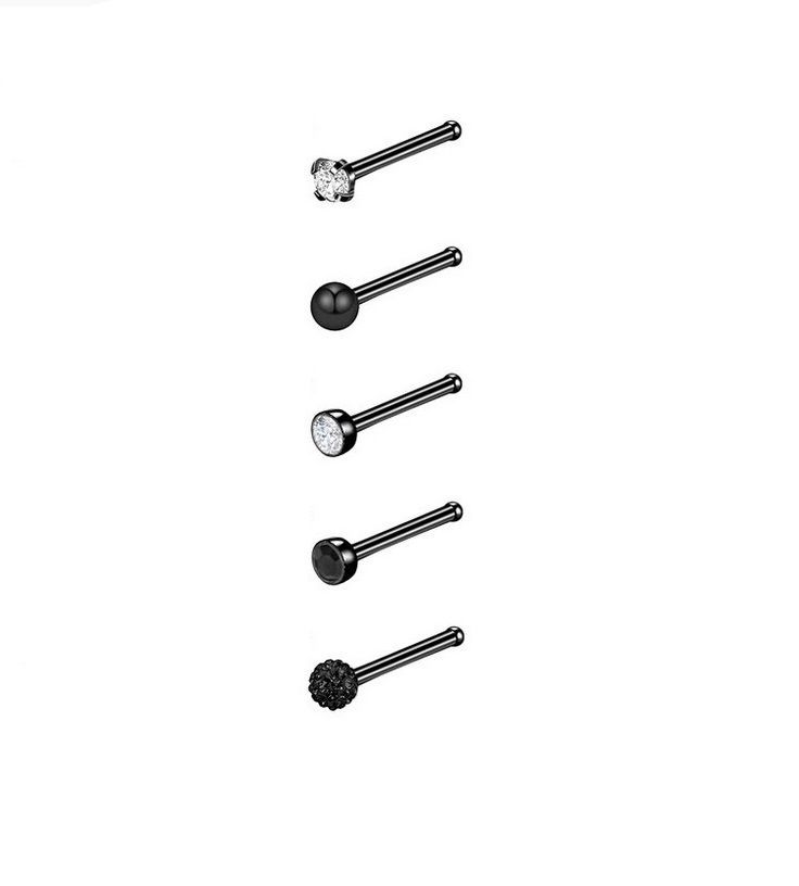Set 5 Piercing Negro de Acero Quirúrgico Nariz Zirconia Punk Nostril-0