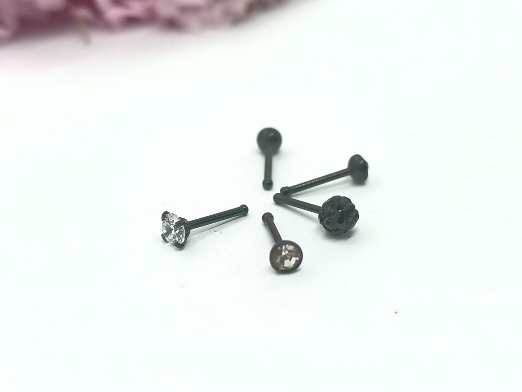 Set 5 Piercing Negro de Acero Quirúrgico Nariz Zirconia Punk Nostril-1