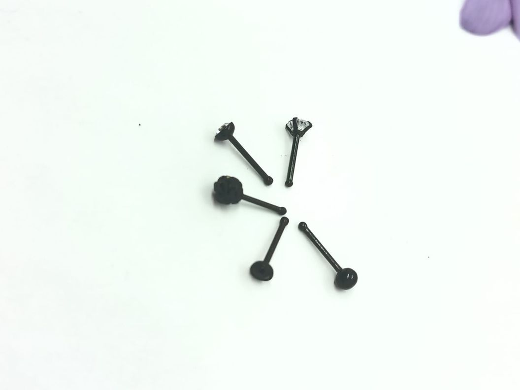 Set 5 Piercing Negro de Acero Quirúrgico Nariz Zirconia Punk Nostril-2
