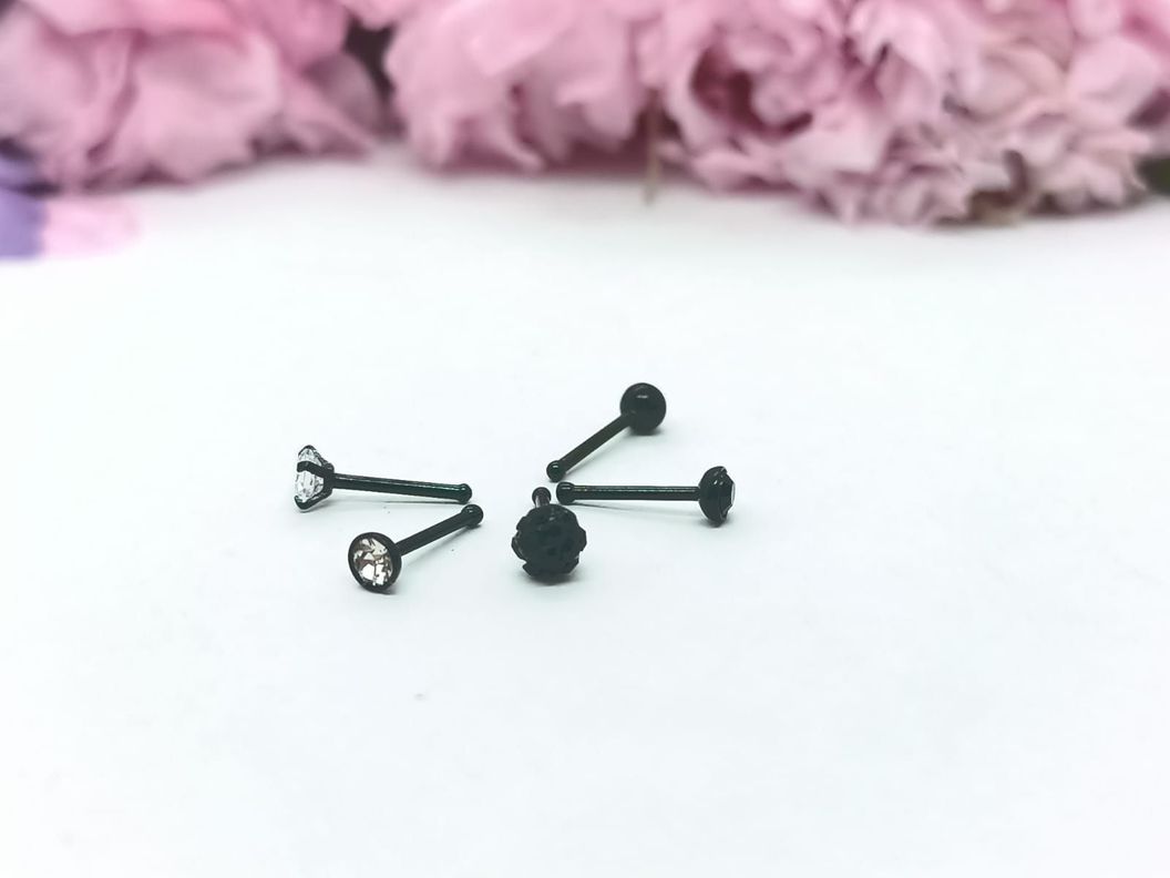 Set 5 Piercing Negro de Acero Quirúrgico Nariz Zirconia Punk Nostril-3