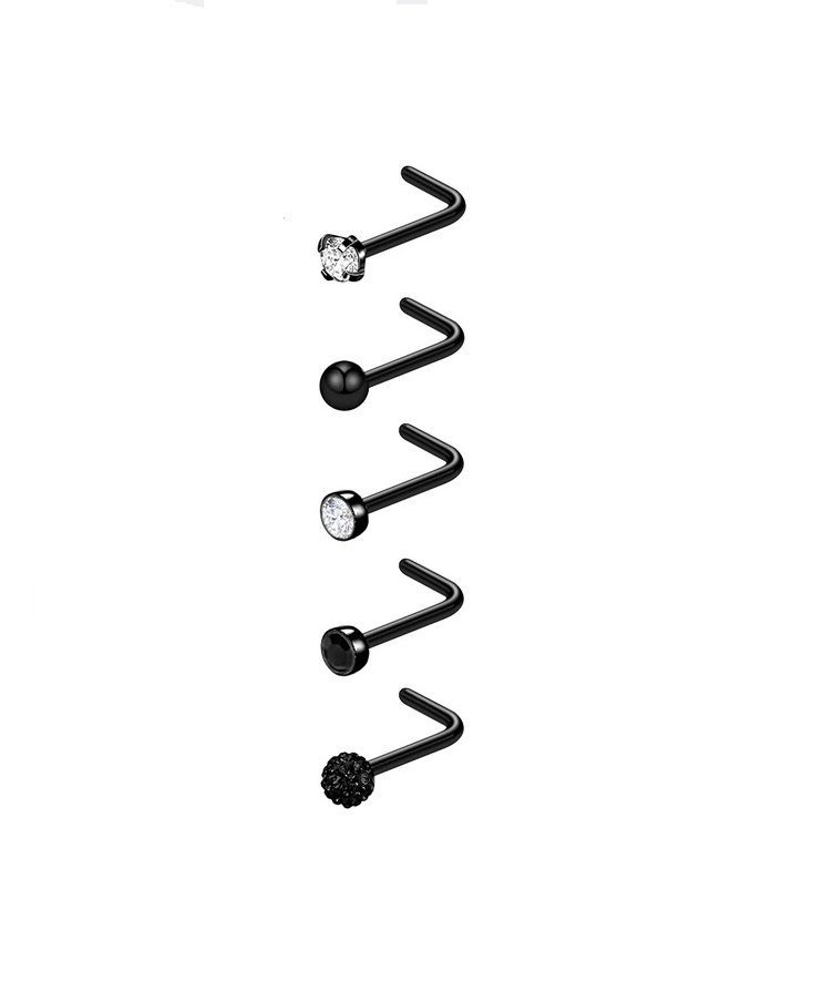 Set 5 Piercing negro Acero Quirúrgico Nariz Zirconia Nostril Tipo L-0