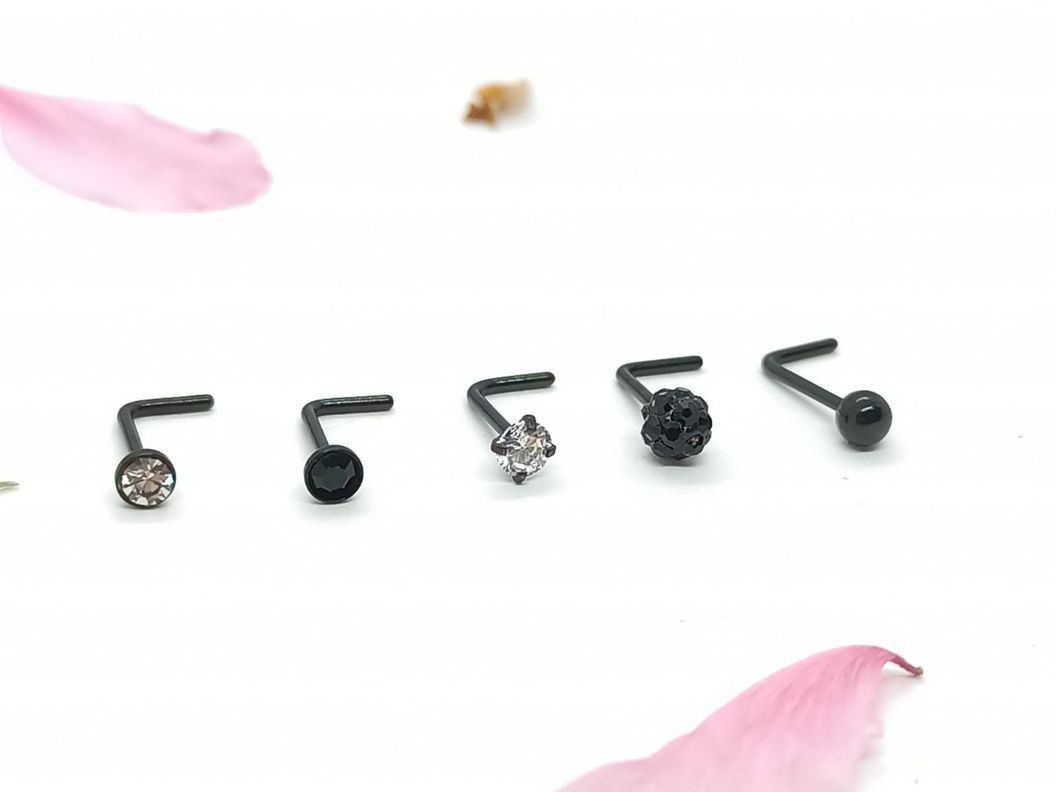 Set 5 Piercing negro Acero Quirúrgico Nariz Zirconia Nostril Tipo L-1