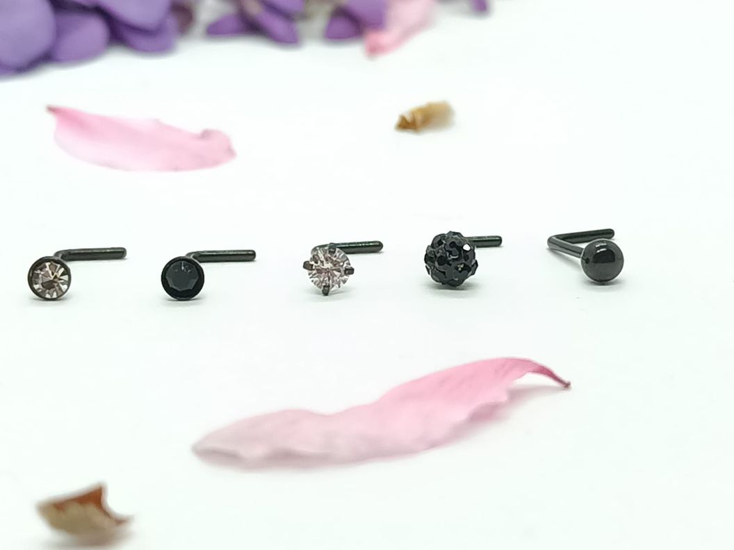 Set 5 Piercing negro Acero Quirúrgico Nariz Zirconia Nostril Tipo L-2