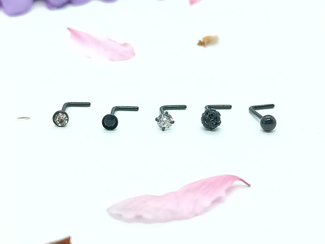 Set 5 Piercing negro Acero Quirúrgico Nariz Zirconia Nostril Tipo L-5