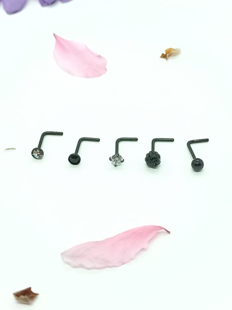 Set 5 Piercing negro Acero Quirúrgico Nariz Zirconia Nostril Tipo L-6
