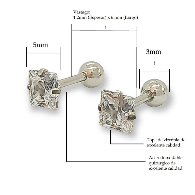 Aros Punto de Luz Acero Inoxidable Blanco Zirconio Cuadrado 5mm-6