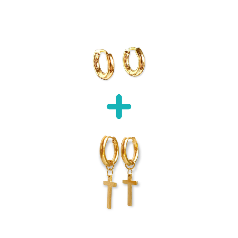 Pack De Aros Argollas Cruz Doble Uso Chapadas En Oro 18k-0