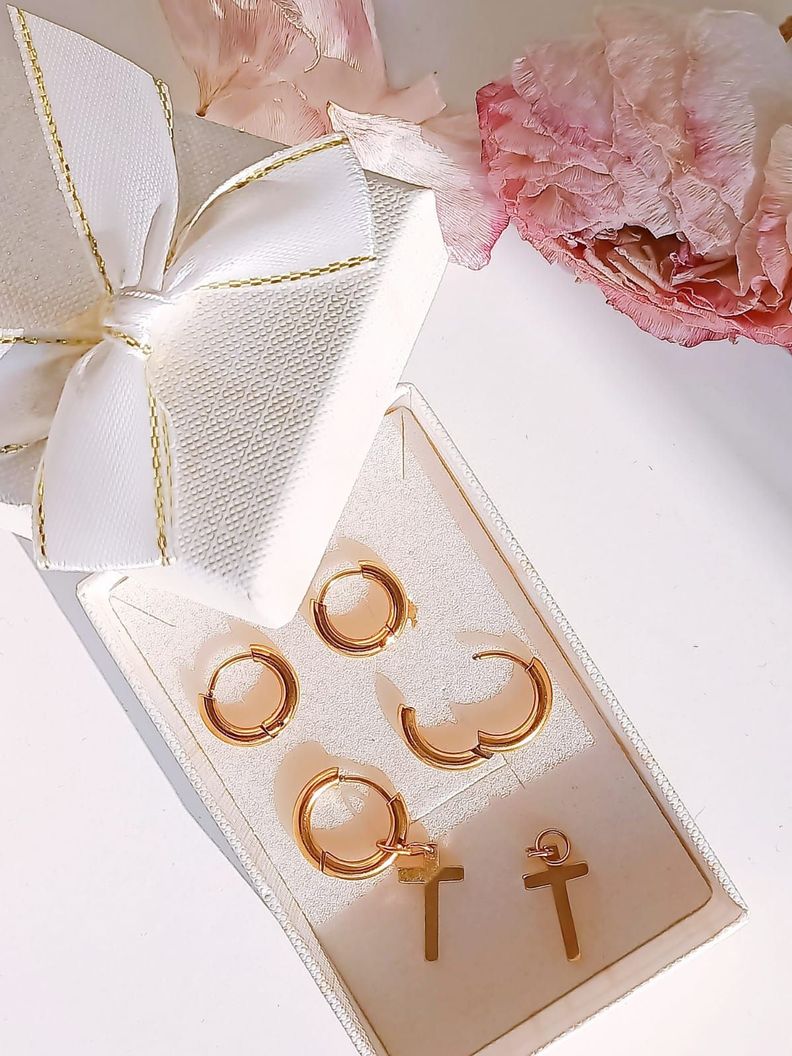 Pack De Aros Argollas Cruz Doble Uso Chapadas En Oro 18k-2