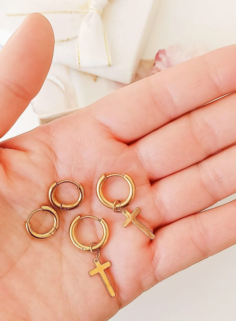 Pack De Aros Argollas Cruz Doble Uso Chapadas En Oro 18k-4