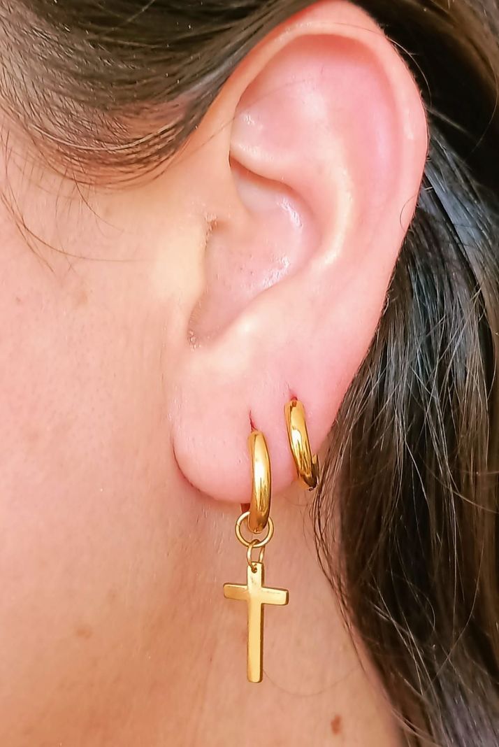 Pack De Aros Argollas Cruz Doble Uso Chapadas En Oro 18k-5