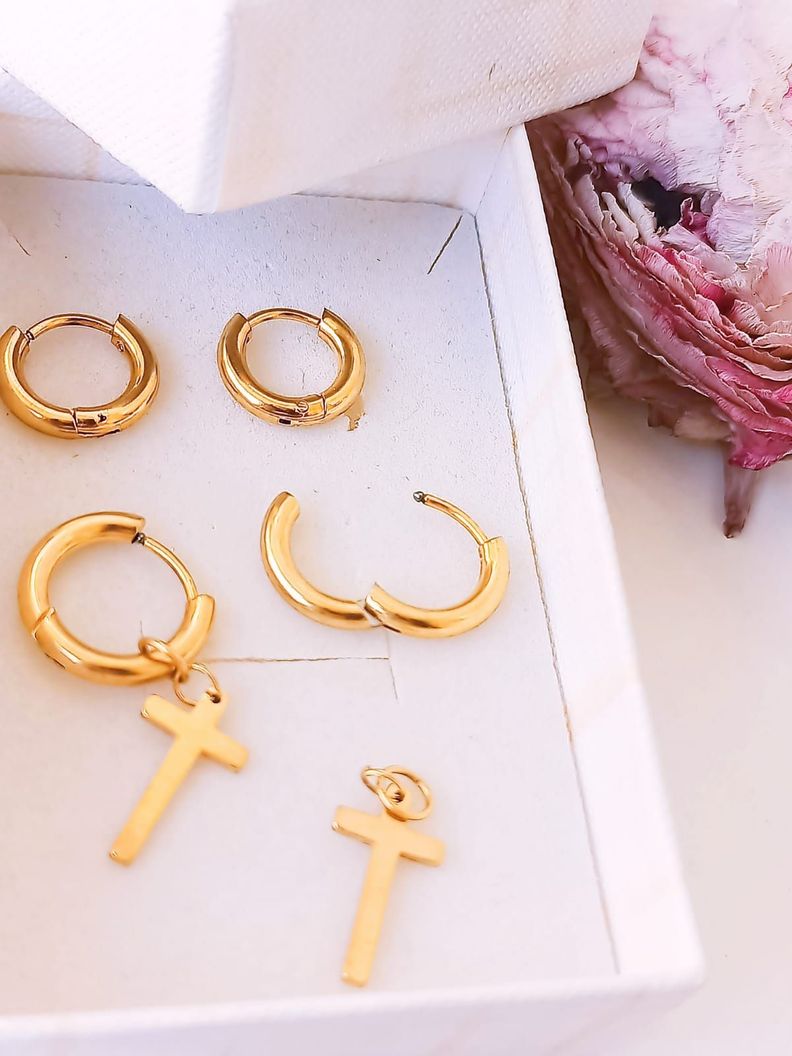 Pack De Aros Argollas Cruz Doble Uso Chapadas En Oro 18k-6