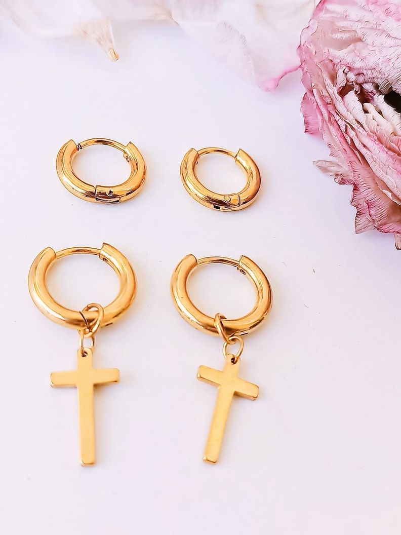 Pack De Aros Argollas Cruz Doble Uso Chapadas En Oro 18k-7