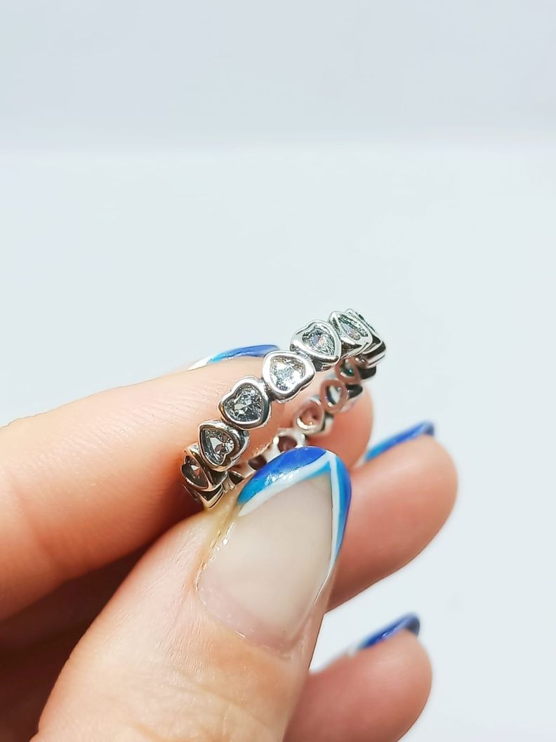 Anillo Pila Plata fina ley S925 talla 8 Corazones Zirconia Compromiso Apilable-2