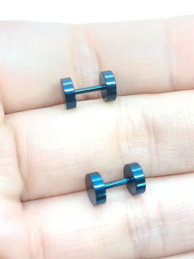 Aros Aretes Punk Rock Acero Moda 6mm Juvenil Azul Barbell-3
