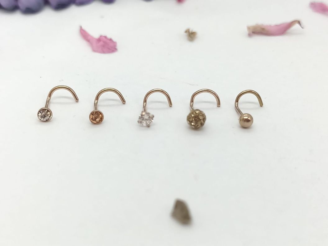 Set 5 Piercing Acero Quirúrgic Tipo S Nariz chapado oro rosa 14kl Nostril-1