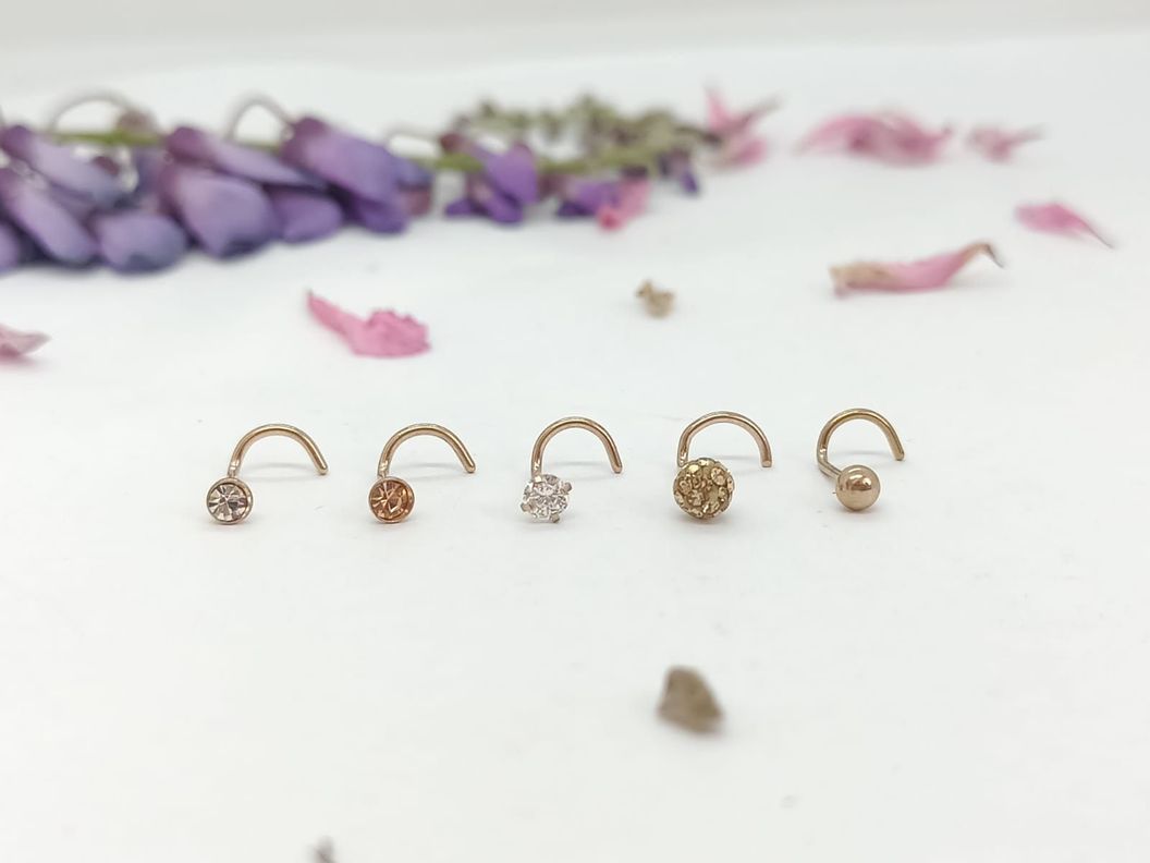 Set 5 Piercing Acero Quirúrgic Tipo S Nariz chapado oro rosa 14kl Nostril-4