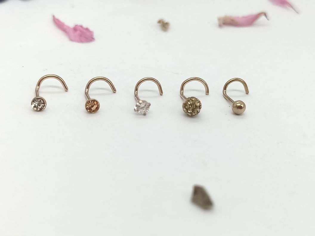 Set 5 Piercing Acero Quirúrgic Tipo S Nariz chapado oro rosa 14kl Nostril-5
