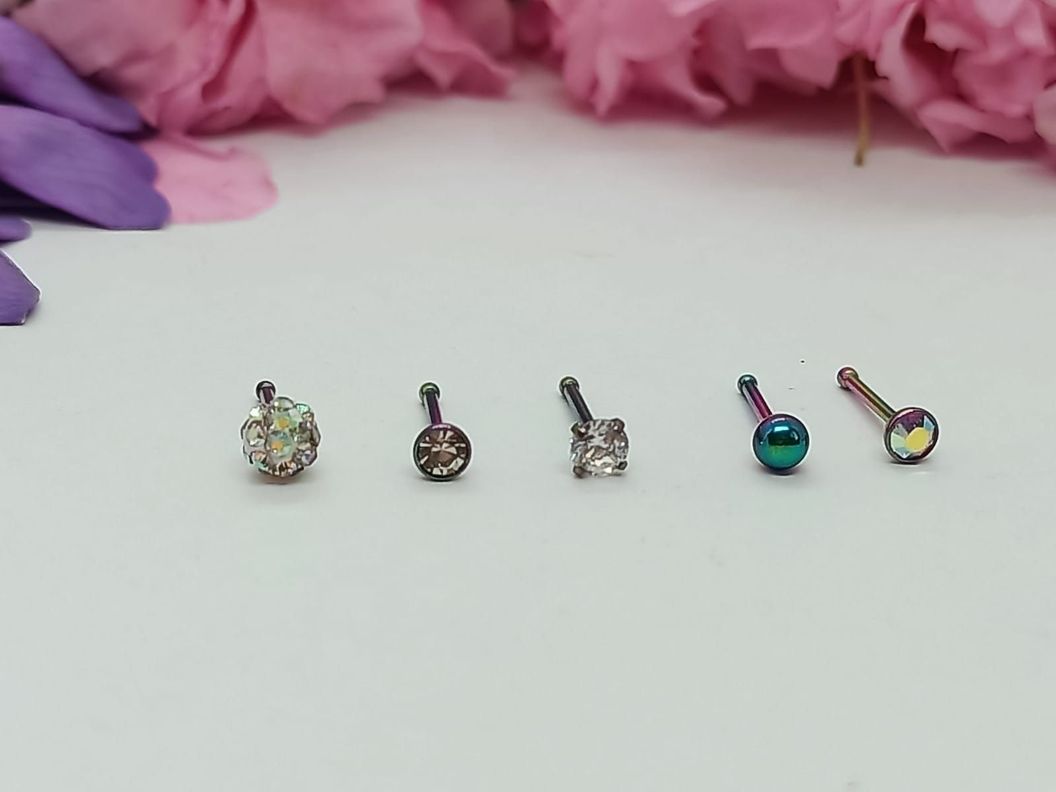 Set 5 Piercing Acero Quirúrgico Nariz Zirconia multicolor Nostril-1
