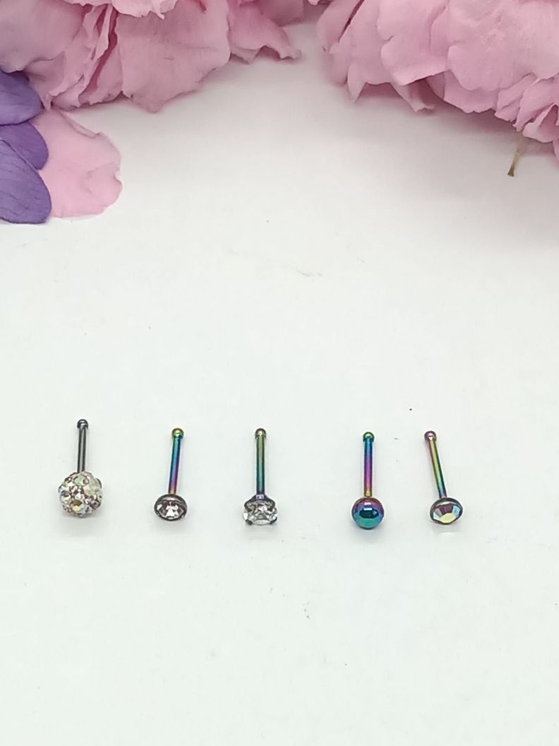 Set 5 Piercing Acero Quirúrgico Nariz Zirconia multicolor Nostril-2