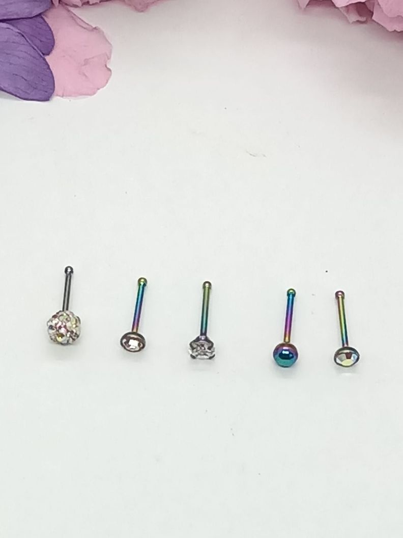 Set 5 Piercing Acero Quirúrgico Nariz Zirconia multicolor Nostril-3
