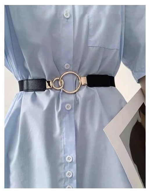 Cinturón mujer delgado elasticado ancho 2.5 cm diseño hebilla doble circulo-3