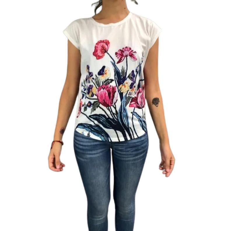 Polera Blanca Manga Corta Estampado Flores-0