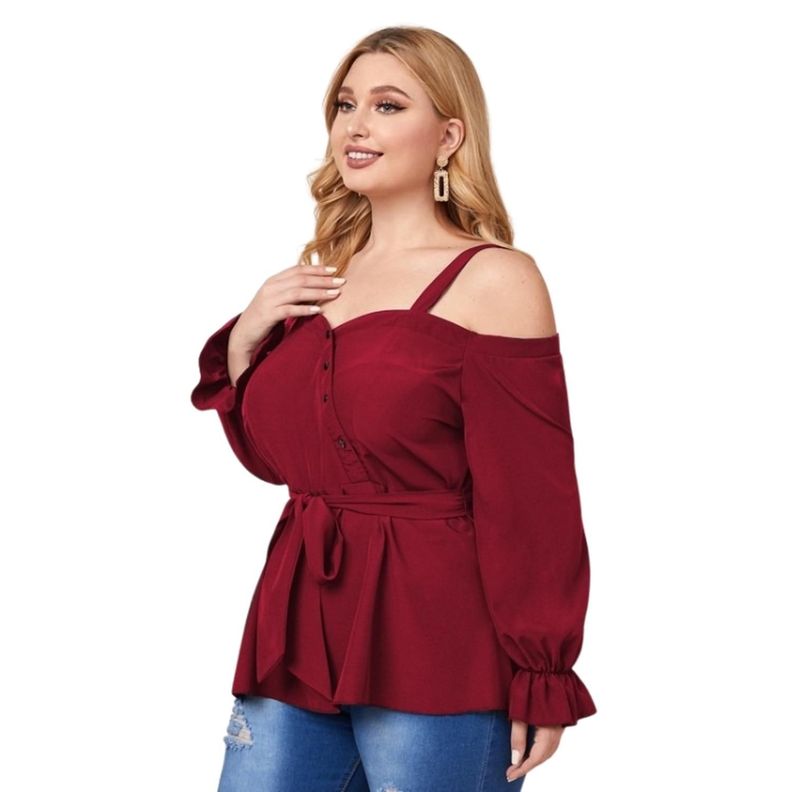 Blusa Peplum con Lazo Hombros Descubiertos Plus Size-3