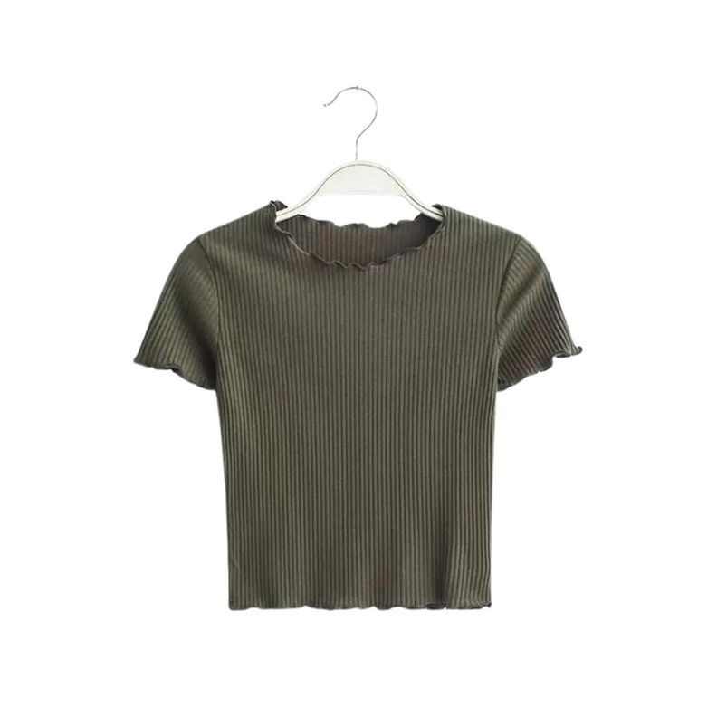 Crop Top de Canalé con Mangas Cortas y Cuello Redondo-0