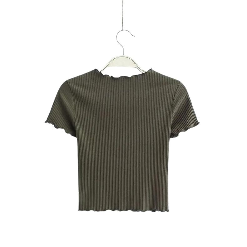 Crop Top de Canalé con Mangas Cortas y Cuello Redondo-1