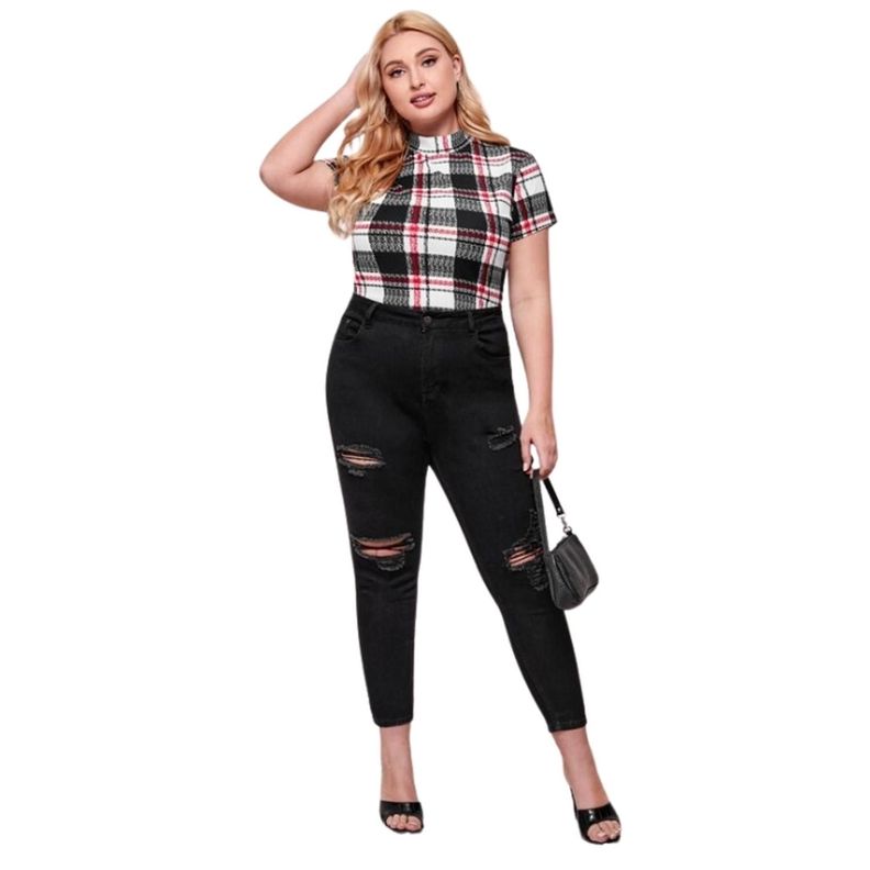 Camiseta Elegante de Cuadros Cuello Alto Shein Exclusive-0