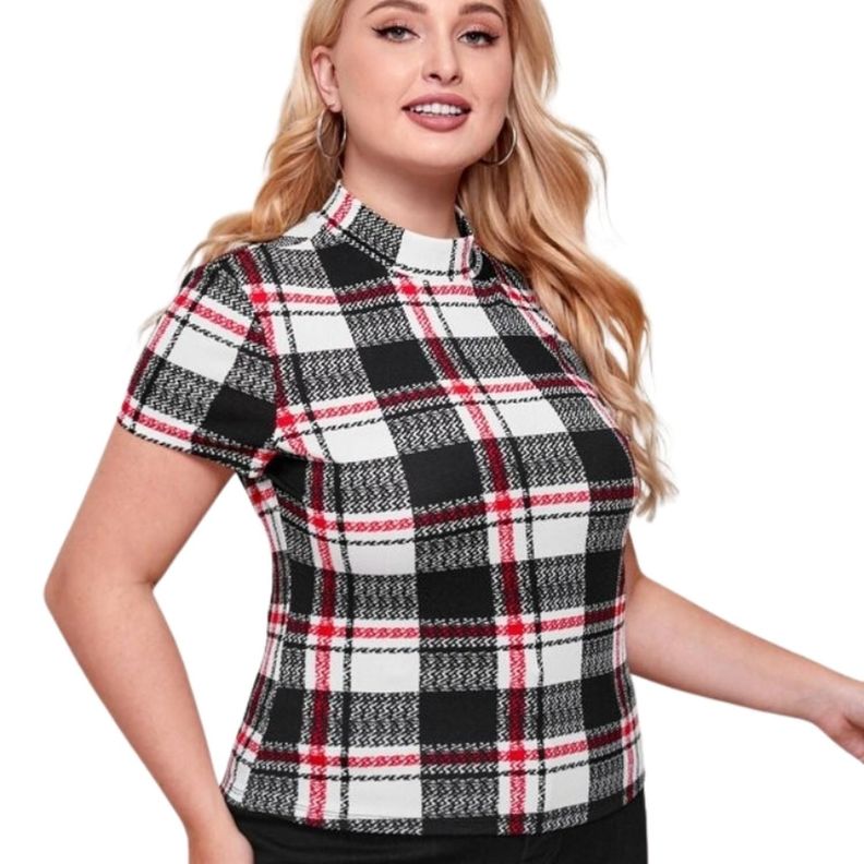 Camiseta Elegante de Cuadros Cuello Alto Shein Exclusive-3