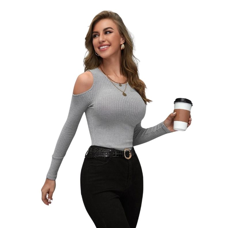 Camiseta Ajustada de Canalé con Hombros Descubiertos-0