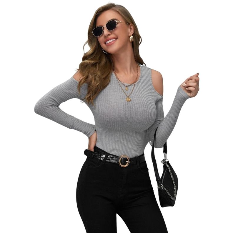 Camiseta Ajustada de Canalé con Hombros Descubiertos-1