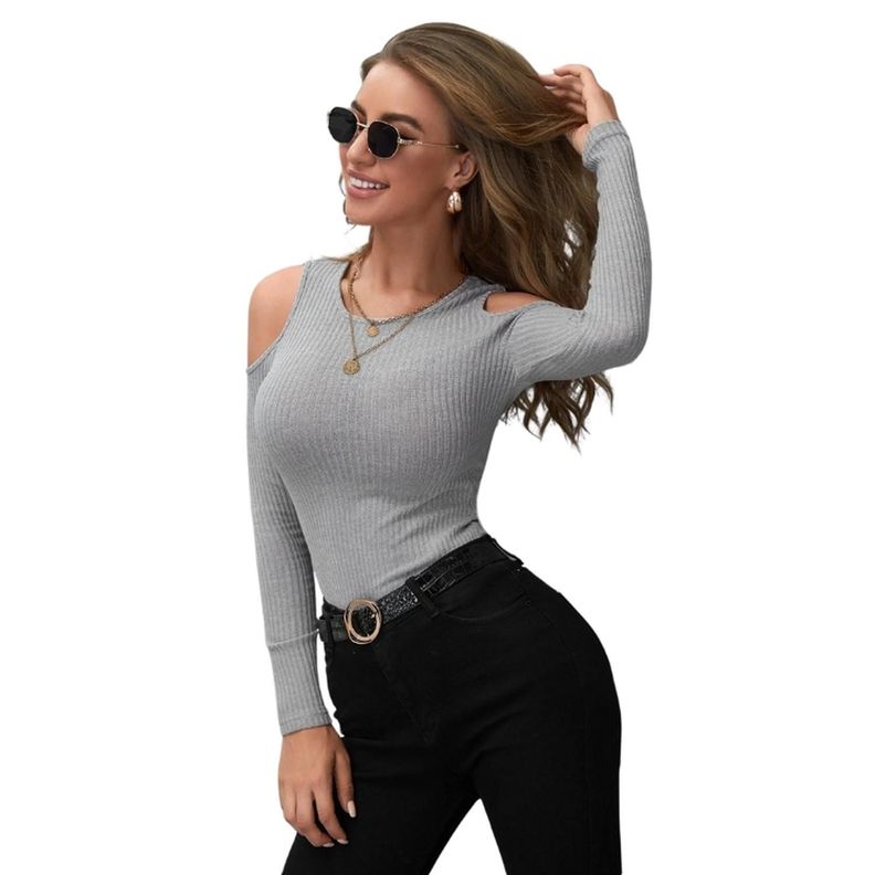 Camiseta Ajustada de Canalé con Hombros Descubiertos-2