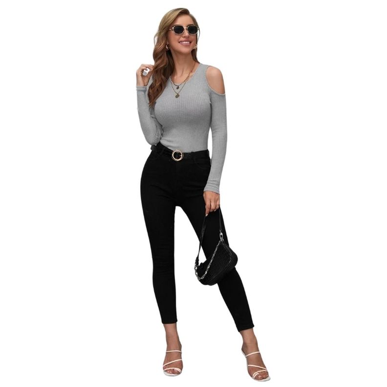 Camiseta Ajustada de Canalé con Hombros Descubiertos-3