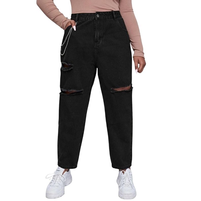 Jeans Mom Rotos con Cadena Plus Size-0
