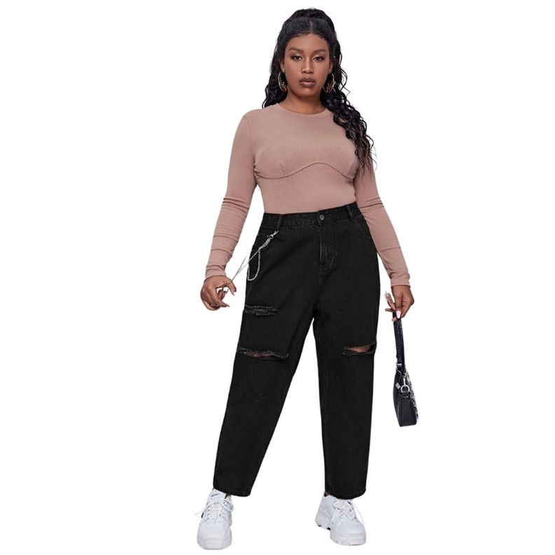 Jeans Mom Rotos con Cadena Plus Size-1