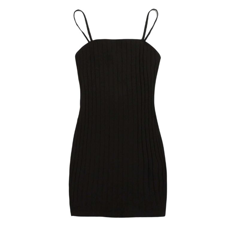 Vestido Negro Mini Bodycon Ajustado Con Tirantes Acanalados-0