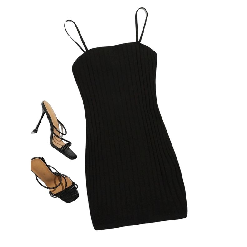 Vestido Negro Mini Bodycon Ajustado Con Tirantes Acanalados-1