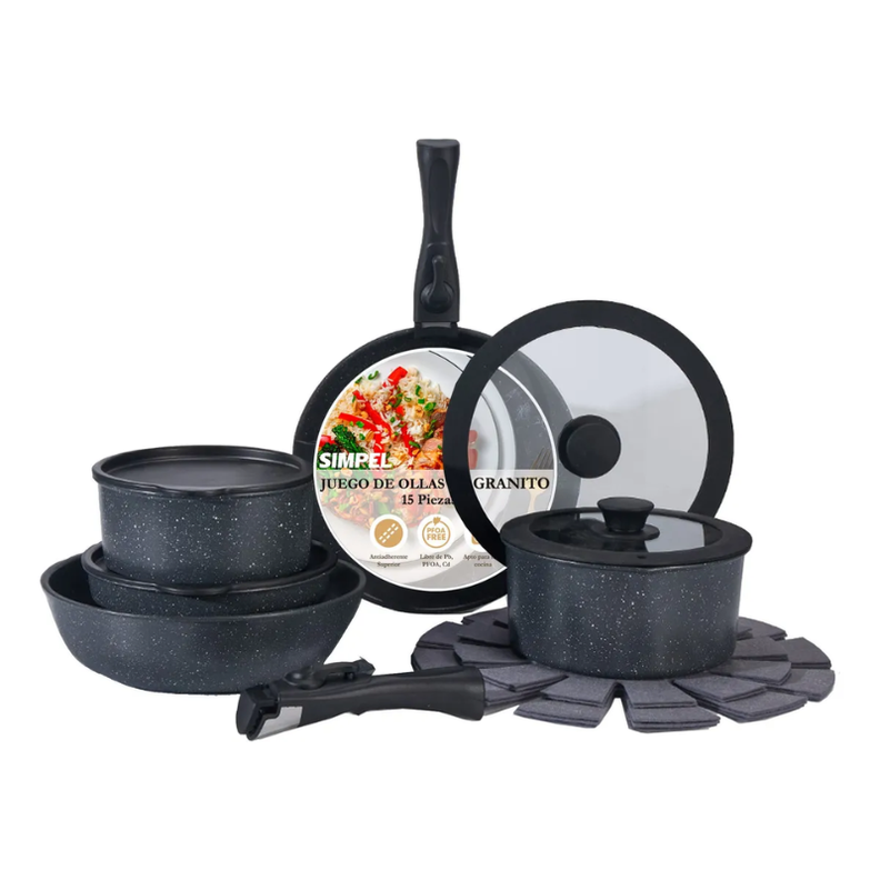 Juego De Ollas Y Sarten Simpel Antiadherente Granito 15pzs Negro