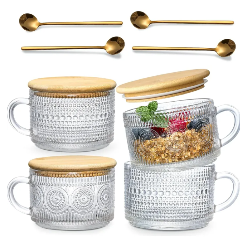 4 Tazas De Caf Vintage Tapa Bamb Y Cucharas 415ml Transparente Vintage