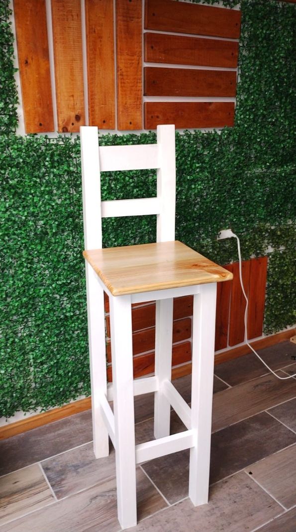 Taburete Banco Madera Blanco Con Respaldo Cubierta Cuadrada-1
