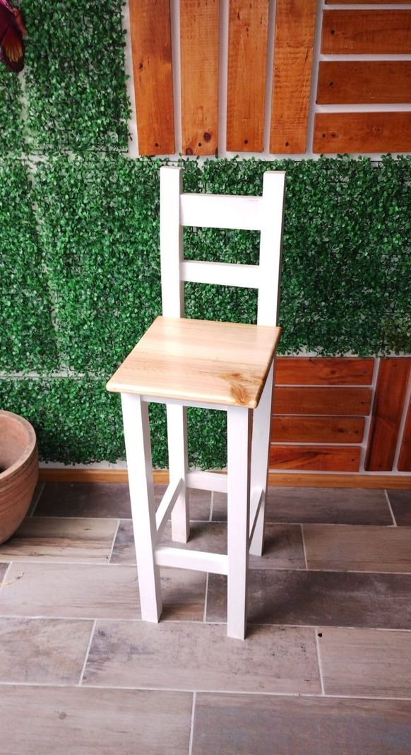 Taburete Banco Madera Blanco Con Respaldo Cubierta Cuadrada-2