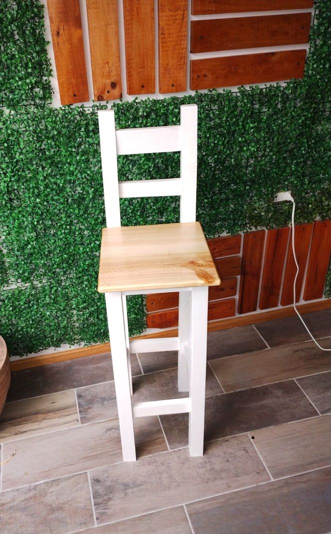 Taburete Banco Madera Blanco Con Respaldo Cubierta Cuadrada-3
