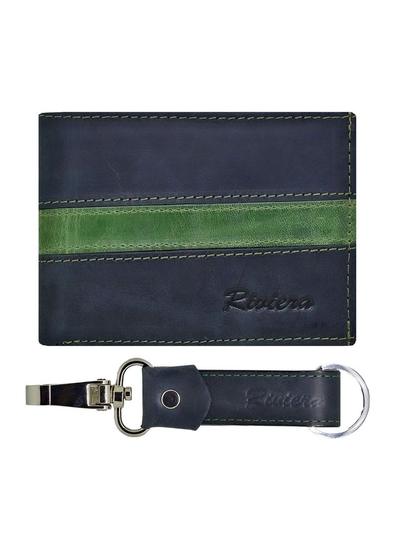 Pack Billetera-Llavero, 100% Cuero Negro-Verde.-0