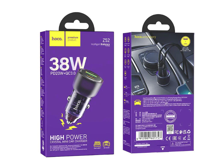 Cargador de Auto Hoco Z52 PD38W Tipo-C - USB-3