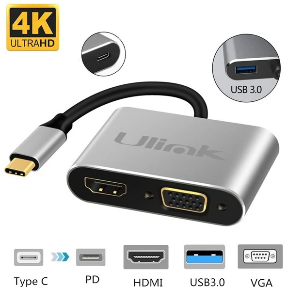 Hub Adaptador 4 en 1 Type-C a HDMI 4K + VGA + USB 3.0+ USB C-1